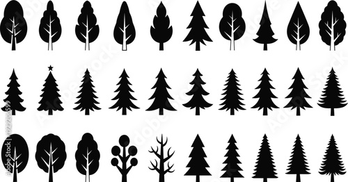 Black tree silhouette icon set featuring deciduous and conifer forest trees, nature symbols collection isolated on white background for ecology landscape design projects
