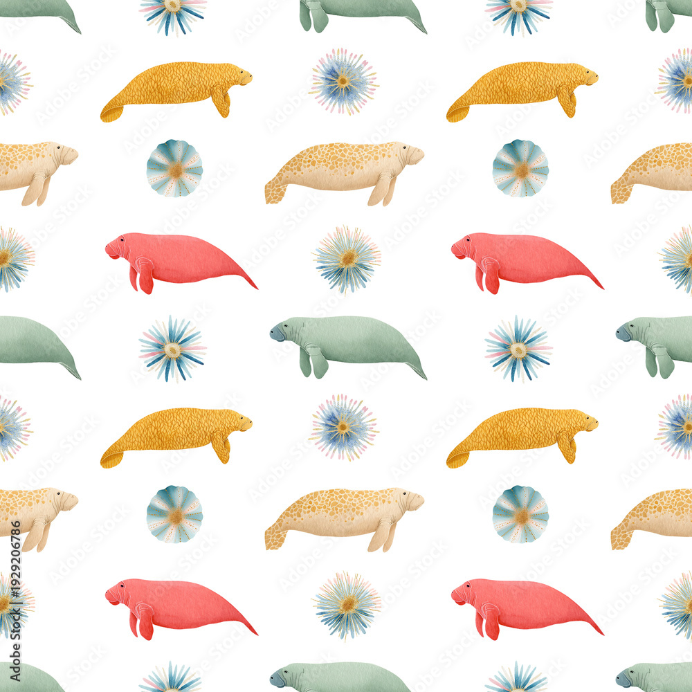 Fototapeta premium Seamless watercolor pattern with manatees, shells and sea urchins, diverse ocean life nursery background