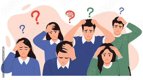 Diverse group of people expressing feelings of stress confusion and headache with question marks floating above their heads.