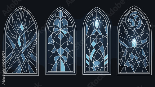 Set of four intricate stained glass window designs featuring elegant floral and geometric patterns in shades of blue and white.