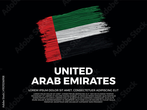 Flag of United Arab Emirates. Emirati and Arab Culture. Vibrant, textured brushstroke effect style. Black background with copy space. Dramatic composition in negative space.