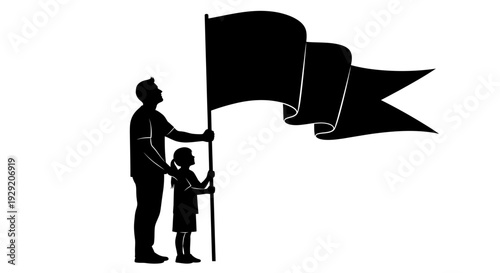 Father and Daughter Holding Waving Flag Silhouette Vector isolated on White Background