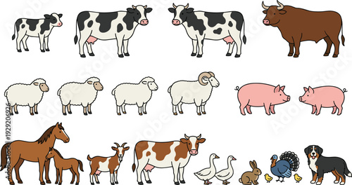 Collection of flat vector farm animals including cows, sheep, pigs, horses, goats, poultry, and a dog on a white background