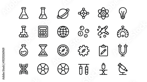 Collection of science and technology icons on white background