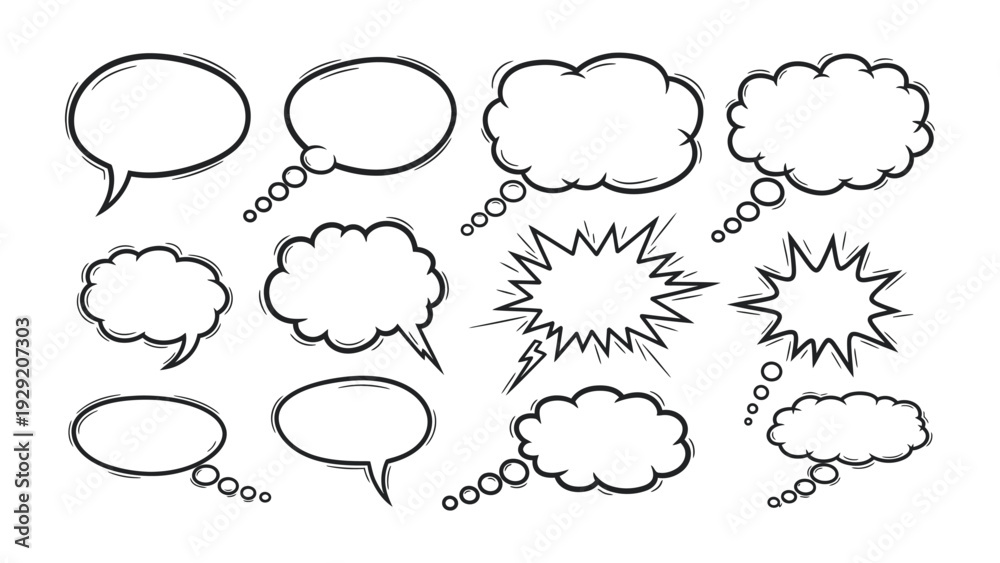 Fototapeta premium Communication Bubble Icons: A collection of various hand-drawn speech bubble icons, perfect for expressing thoughts and ideas in a creative and engaging manner.