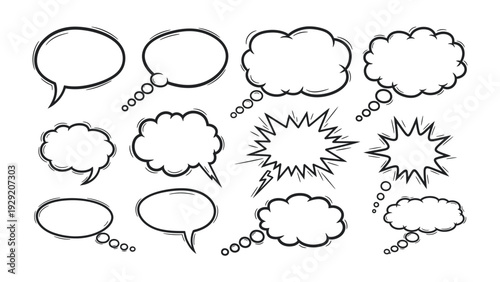Communication Bubble Icons: A collection of various hand-drawn speech bubble icons, perfect for expressing thoughts and ideas in a creative and engaging manner.