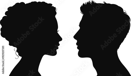 Black Vector Silhouettes of Man and Woman Face Profile Looking at Each Other Isolated on White Background for Relationship Romance and Human Identity
