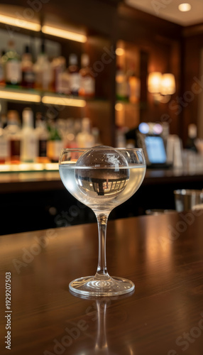 Clear cocktail with ice on bar counter in busy restaurant at night