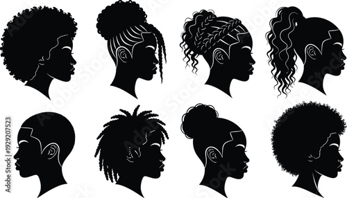 Black women hairstyle silhouette collection featuring afro, braids, buns and curly hair profiles isolated on white background for beauty, fashion and diversity 