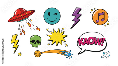 Pop Art Delight: A vibrant assortment of pop art elements, including a flying saucer, emoji, lightning bolt, music note, explosion, comet, and comic speech bubble.