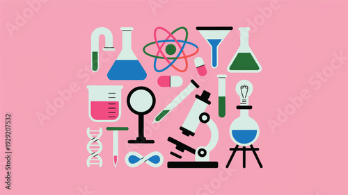 Colorful flat design laboratory equipment and science tools on pink background