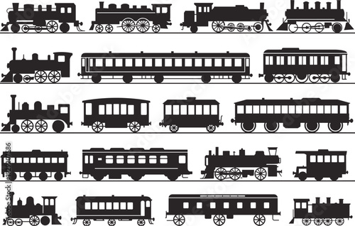 Black Vector Silhouettes of Vintage Steam Locomotives and Passenger Train Carriages Isolated on White Background for Railway History Travel and Transportation Graphic Design Projects