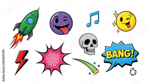 Pop Art Elements: A vibrant collection of pop art elements, including a rocket ship, expressive emojis, musical note, skull, lightning bolt, explosion, and a BANG! speech bubble.