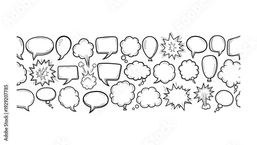 Comic Conversation Bubbles: A variety of hand-drawn comic speech bubbles in different shapes and styles, conveying diverse expressions and ideas, ready for customization and creative messaging.