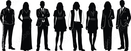 Business professionals diverse group silhouettes standing confidently in formal and casual attire, teamwork, corporate collaboration concept, leadership, office environment, modern work culture, 
