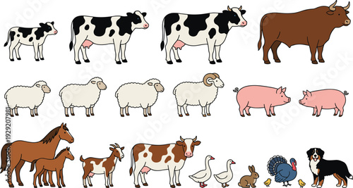 Large collection of domestic farm animals including cows, sheep, pigs, horses, goats, geese, rabbits, turkeys, and dogs, isolated flat vector illustration