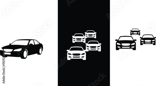 Car Silhouettes Collection in Front and Perspective Views Isolated on White and Black Background, Modern Sedan Vehicle Set for Automotive Design and Transportation Concept