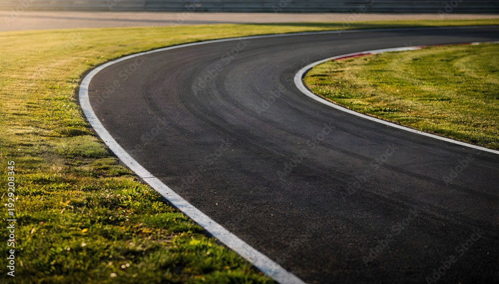 Obraz premium Clean asphalt race track curve with white line marking and green grassy runoff area on a bright, sunny day, ready for speed and competition