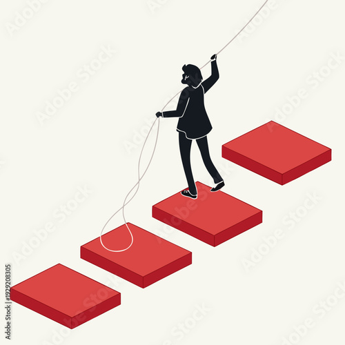 Woman silhouette on steps holding rope, achieving success, moving up career ladder, business concept, growth, goal achievement metaphor