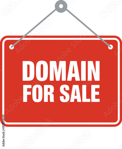 A red sign displaying domain for sale with hanging hardware