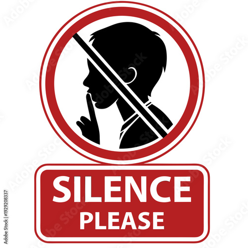 Silence please sign with shushing person icon signifying quiet, no noise, hush, secret, confidential, privacy, quiet zone and do not disturb symbol