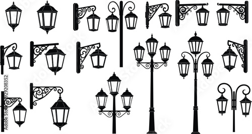 Classic street lamp and lantern silhouettes collection with decorative poles and wall mounts, vintage urban lighting set representing old town architecture and retro city design