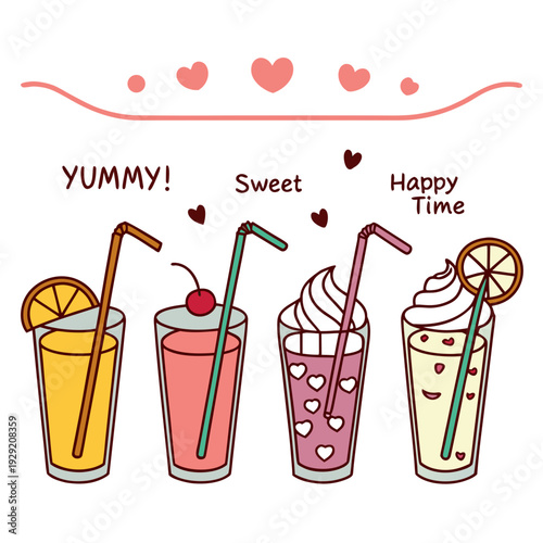 Set of four colorful summer fruit juices and milkshakes in tall glasses with straws lemon cherry hearts cream toppings and artistic typography font