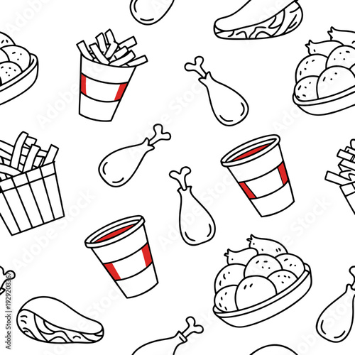 Seamless pattern of fast food snacks featuring fried chicken legs french fries paper cups and meatball bowls in minimal black and white line art