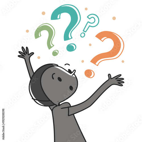 Person looking up with many colorful question marks floating above their head, representing confusion or curiosity, thought bubbles, curious child, pondering, seeking answers