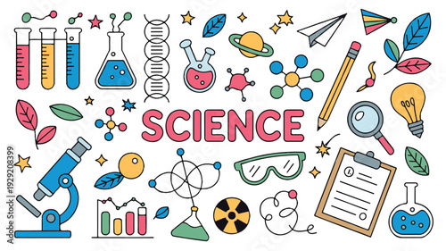 Colorful science icons and symbols for education and research purposes