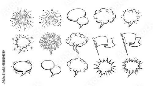 Comic elements collection: A collection of various comic elements, including speech bubbles, starbursts, flags, and bursts of light, perfect for adding dynamism and visual interest to comic layouts.