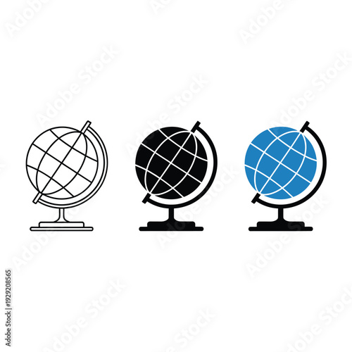 Three globe icons outline solid black and solid blue variations displayed
