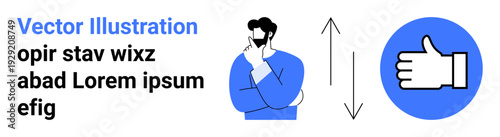 Decision-making, social media approval, online feedback, user interaction, reactions, communication. A man thinking with a thumbs-up icon and directional arrows. Decision-making and social media