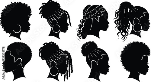 Collection of Black Women Profile Silhouettes with Diverse Natural Hairstyles Isolated on White Background, Afro Hair Styles Set for Beauty, Fashion and Cultural Design