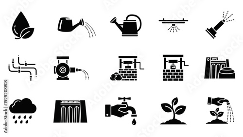 Irrigation Systems and Agricultural Water Management Line Art Icon Set – Farming Outline Symbols Collection