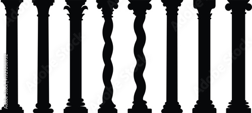 Ancient Greek Roman Columns Silhouettes Set Classical Architecture Pillars Collection Black Ionic Corinthian Doric Vector Illustration Design Elements