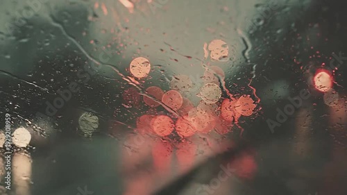 Rainy day view from inside a car with blurred city lights in the background