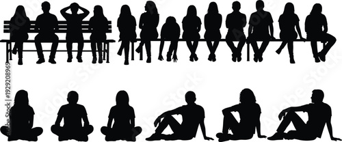 Collection of diverse people silhouettes sitting on benches and floor in various relaxed poses for community social gathering public space and lifestyle design concepts