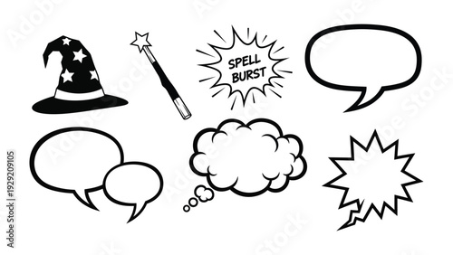 Magical Speech Bubbles: A collection of fantastical speech bubbles alongside a wizard hat and wand, ready to infuse any design with whimsy and wonder.