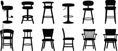 Bar stool and chair silhouettes collection, modern seating furniture icons isolated on white background, black interior vector illustration set