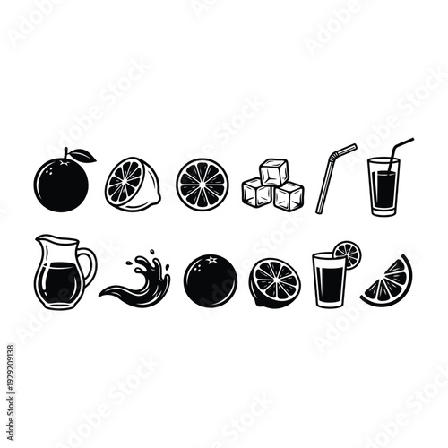 Set of orange juice icons: whole fruit, sliced, jug, glass, straw, and splash.
