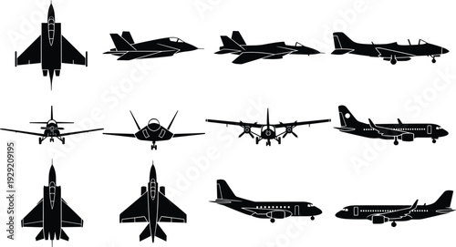 Collection of military fighter jets and commercial airplanes silhouettes showing multiple angles, modern aviation aircraft set isolated on white background for design and technology concepts