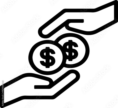 Hands exchanging dollar coins, financial transaction concept, money transfer, flat design vector illustration