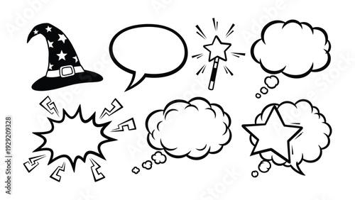 Comic Elements of Enchantment: A whimsical collection of comic-style elements, including a wizard's hat, speech bubbles, and a magic wand, evoke a sense of fantasy and imagination. 