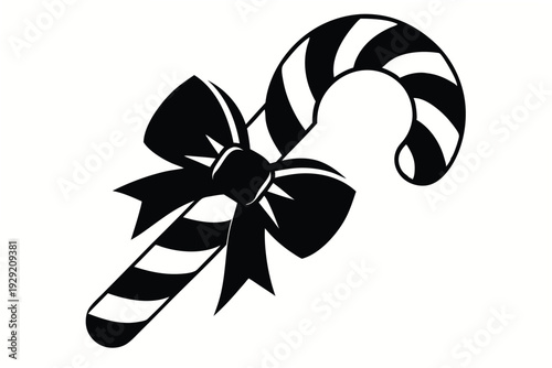 christmas candy cane with bow silhouette line art vector illustration