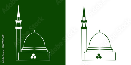 Al-Masjid an-Nabawi Green Dome and Minaret Silhouette Icon Set, Minimalist Architectural Illustration of Prophet's Mosque in Medina Saudi Arabia