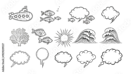 Underwater World Sketch: A collection of hand-drawn sketches featuring a submarine, fish, ocean waves, thought bubbles, and coral, all in a black-and-white art style. 