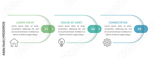 Horizontal process infographic template with three steps, icons and text blocks