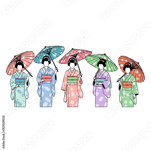 Five Women in Traditional Kimonos Holding Colorful Umbrellas