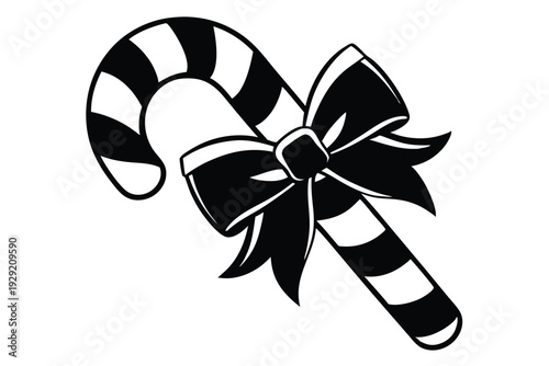 christmas candy cane with bow silhouette line art vector illustration